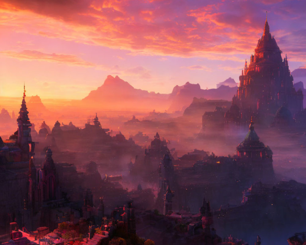Majestic cityscape at sunset with ornate towers and misty mountains