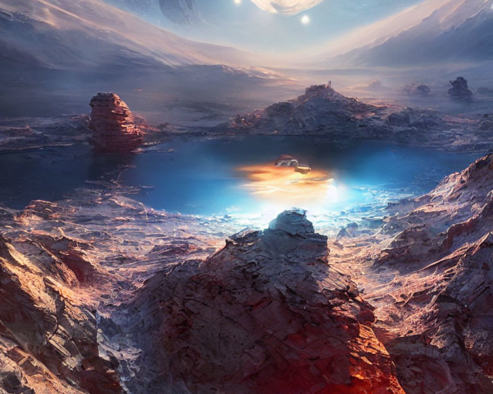 Alien landscape with blue lake, rocky terrain, celestial bodies
