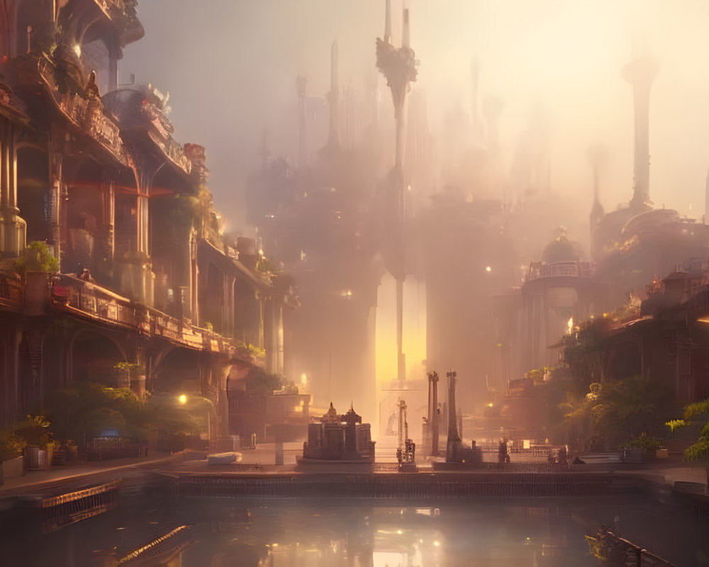 Futuristic cityscape at sunrise with towering spires and lush greenery