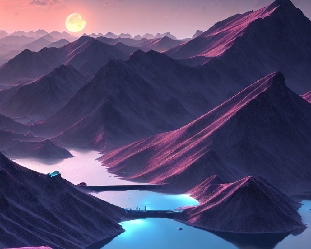 Surreal landscape: purple mountains, blue lakes, large moon, futuristic structure