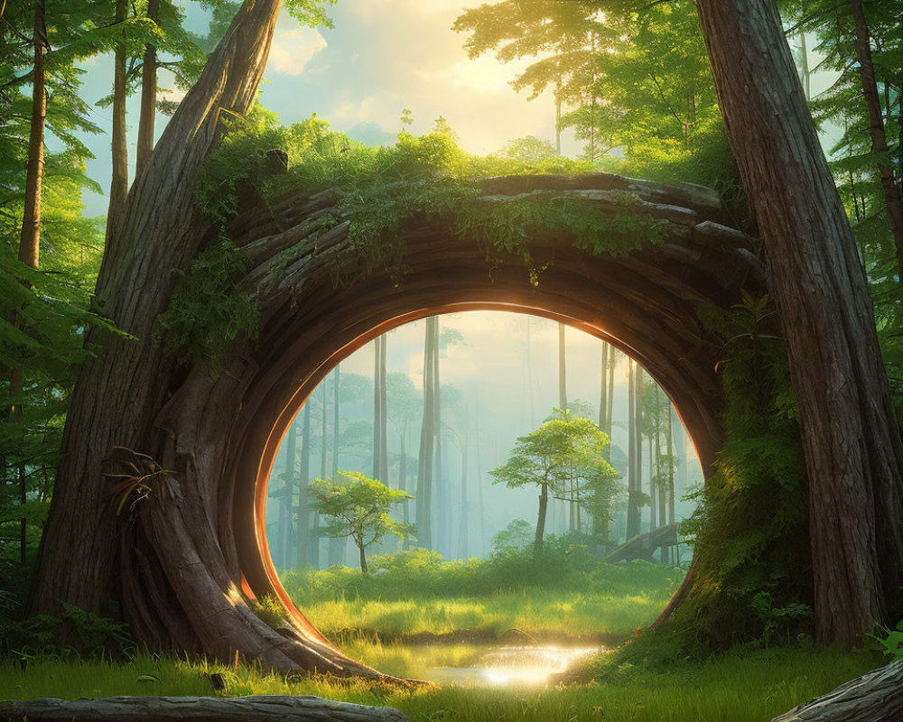 Tranquil forest scene with circular hollow in large tree trunk and sunlight filtering through mist.