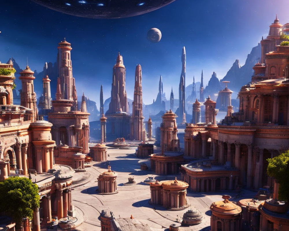 Futuristic cityscape with towering spires and celestial body in blue sky