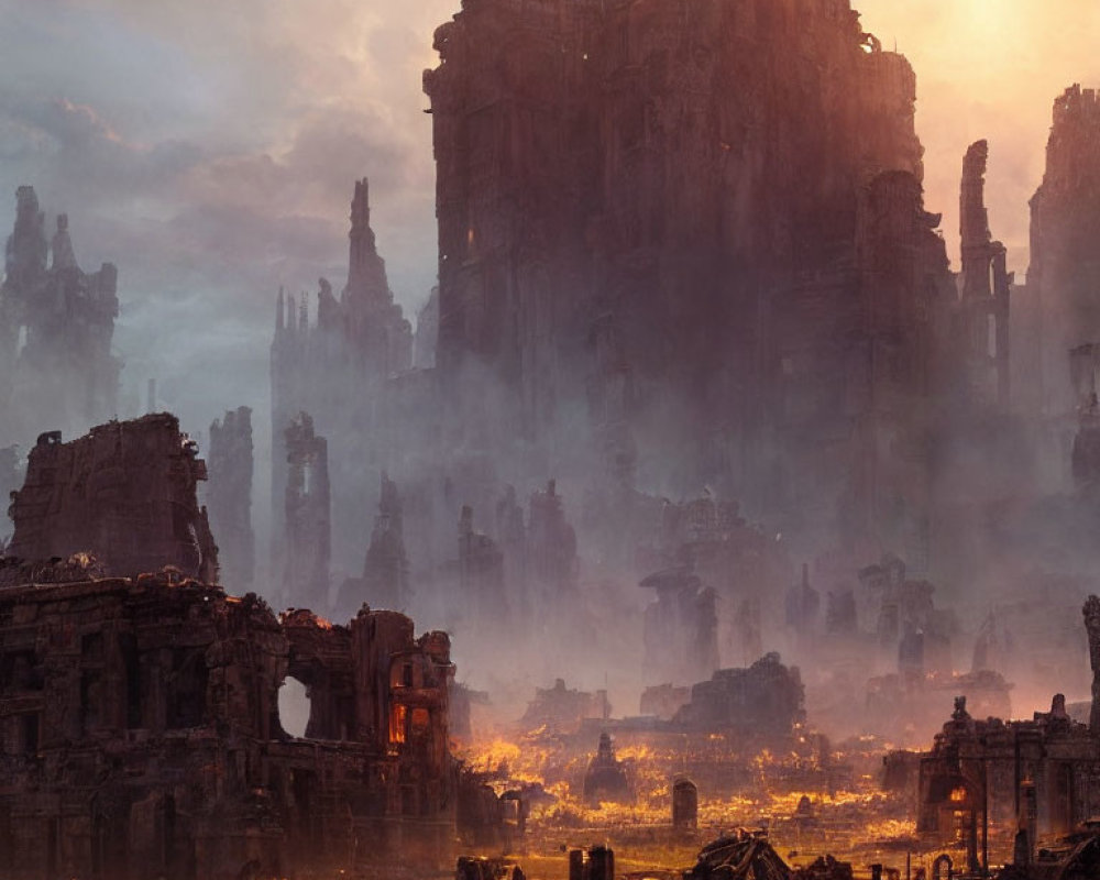 Dystopian landscape with ruins of tall buildings at hazy sunset