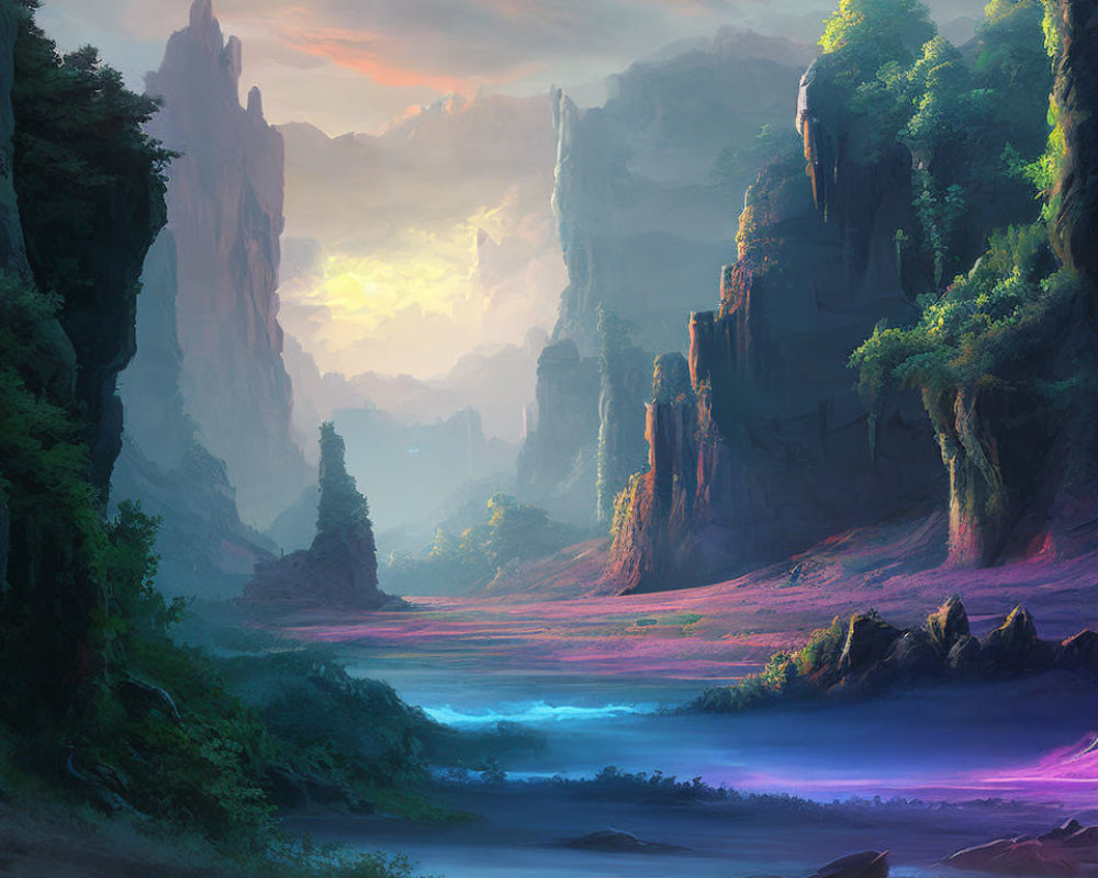 Mystical landscape with towering rock formations and serene river