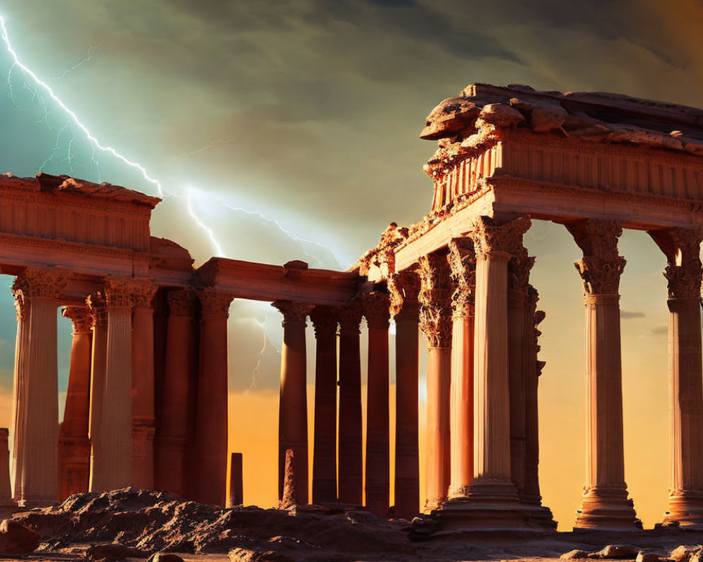 Ancient ruins with columns under dramatic sky with lightning bolt