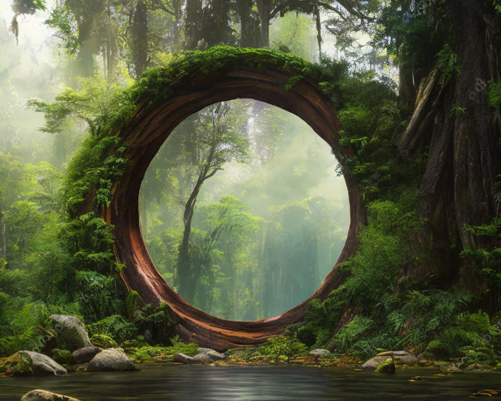 Circular Hollow Log Over Tranquil Forest Stream and Lush Greenery