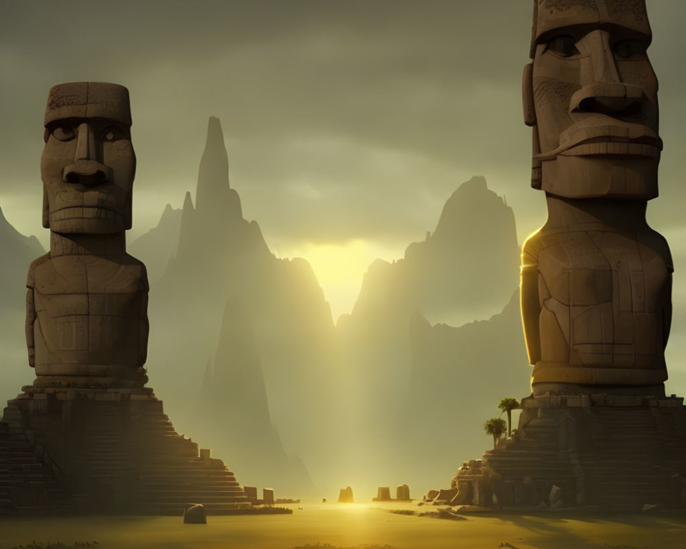 Ancient moai statues against mountain backdrop at sunrise or sunset