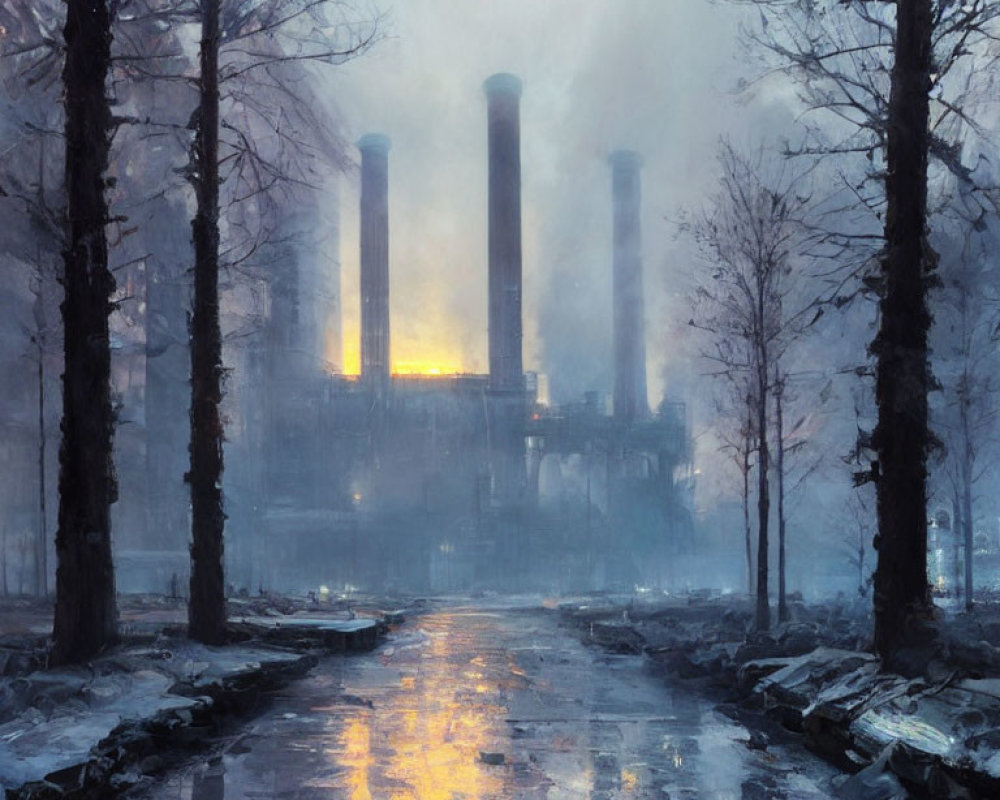 Snow-covered trees and industrial smokestacks in wintery scene