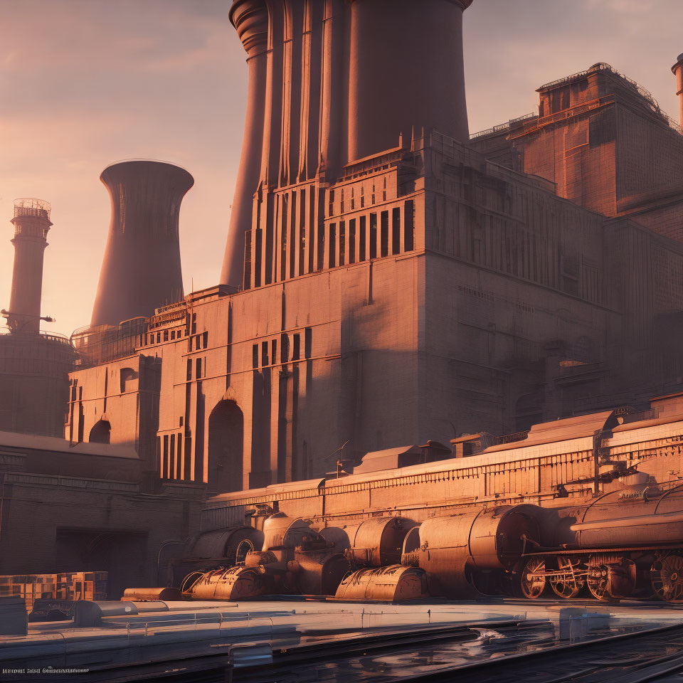 Industrial scene with smokestacks, locomotive train, and buildings at sunset