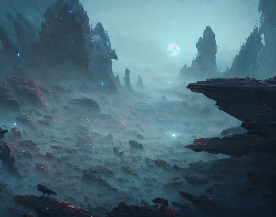 Misty alien landscape with glowing orbs and large moon