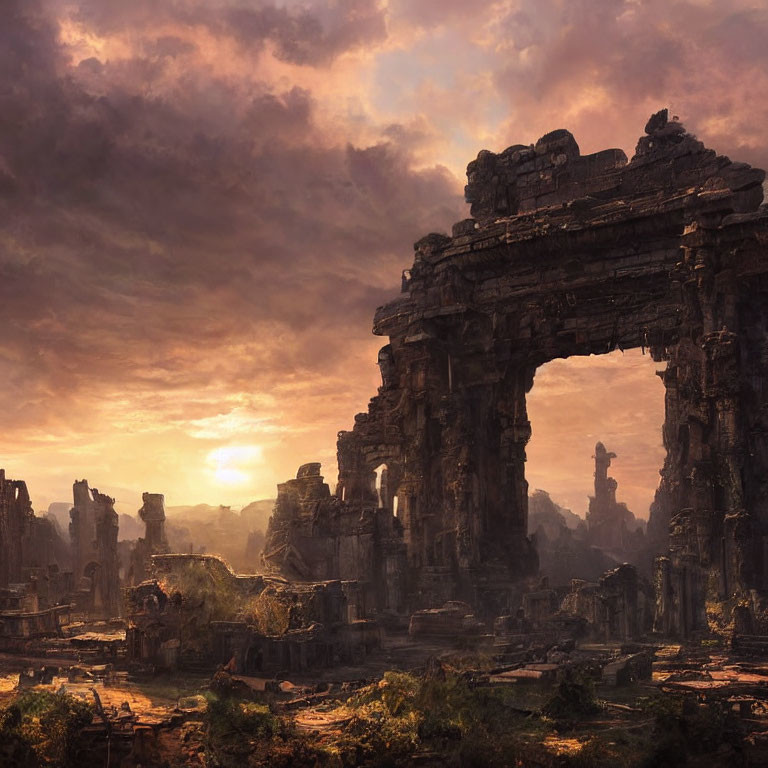 Sunlit ancient ruin with towering stone archways and dramatic sunset sky