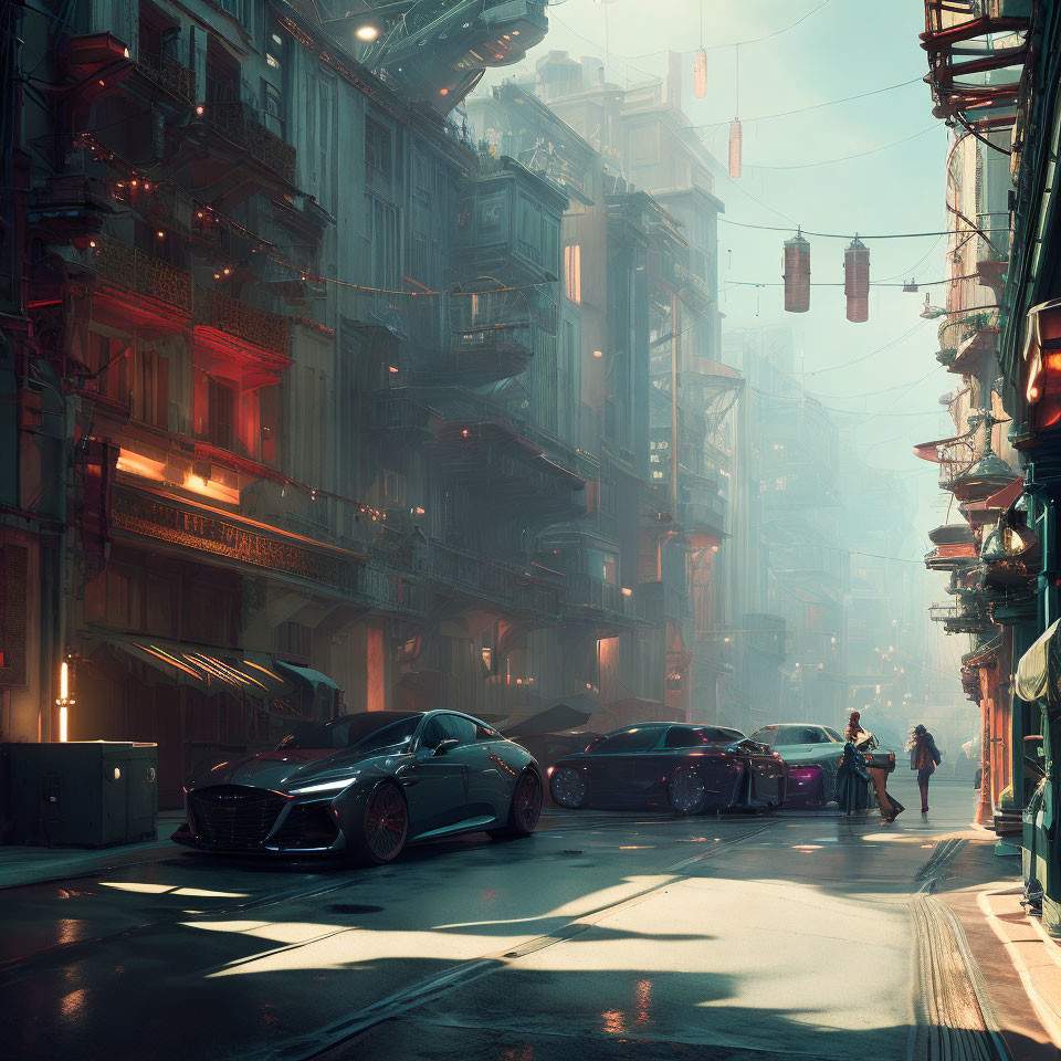 Futuristic urban street scene with towering buildings and neon signs