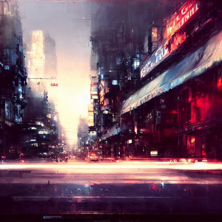 Futuristic cyberpunk cityscape with neon signs and towering buildings