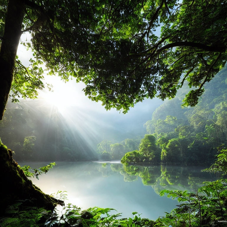 Lush forest canopy with sun rays reflecting on serene lake