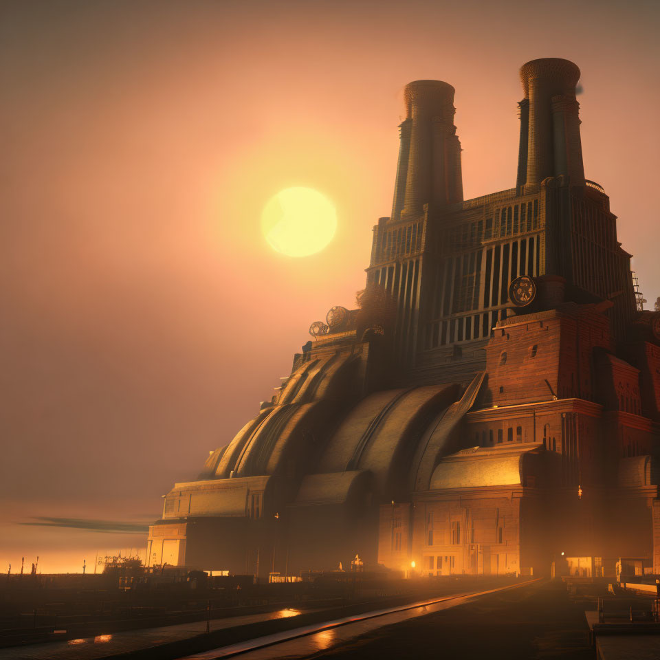 Dystopian industrial building with towering chimneys in hazy orange sky.