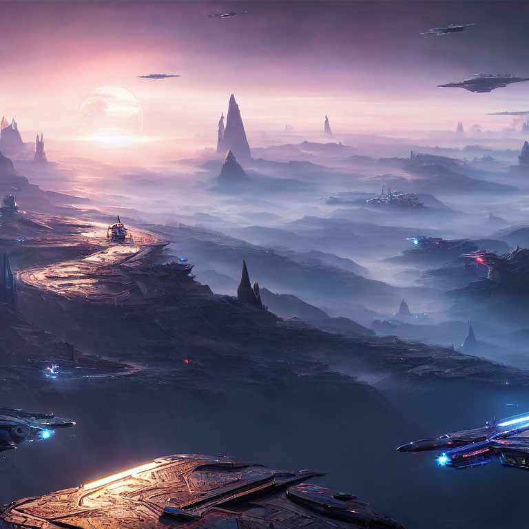 Sci-fi landscape with towering spires, flying ships, and large planet at twilight
