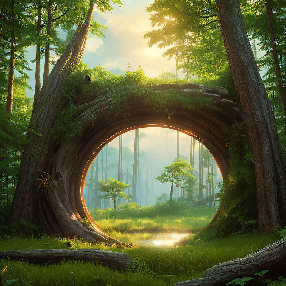 Tranquil forest scene with circular hollow in large tree trunk and sunlight filtering through mist.