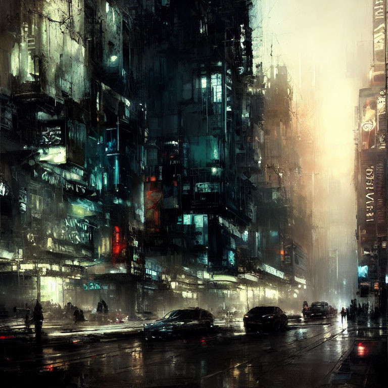 Futuristic city street at night: rain-soaked, neon signs, reflections, cars.