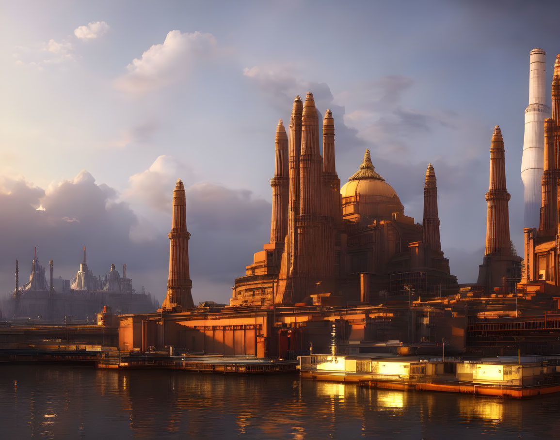 Sci-fi cityscape at sunset with towering spires, smokestacks, and docked ships