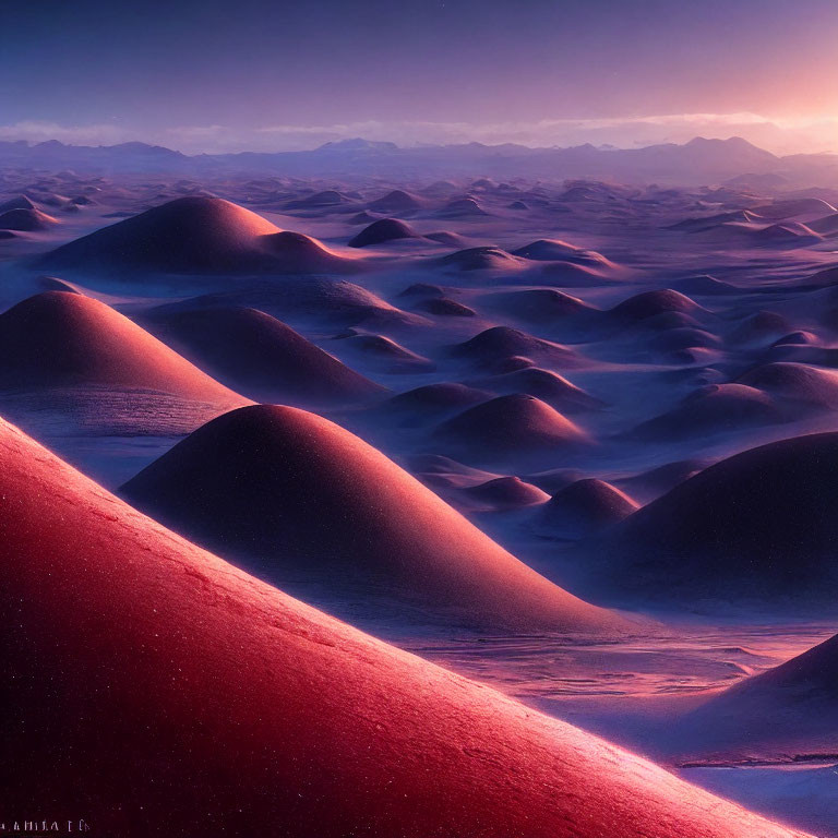 Tranquil Twilight Desert with Blue and Purple Sand Dunes