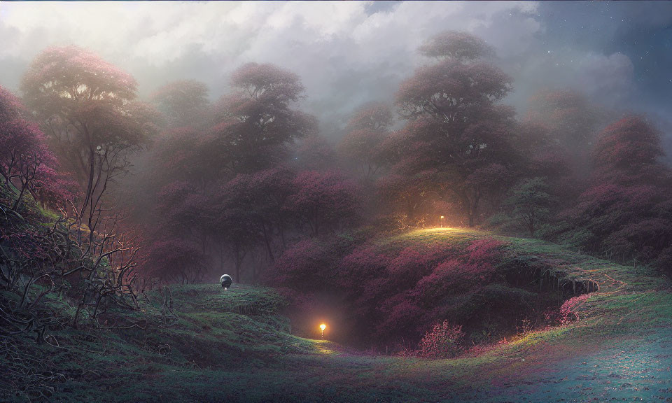 Mystical forest with glowing pathway, pink and purple foliage, soft misty light