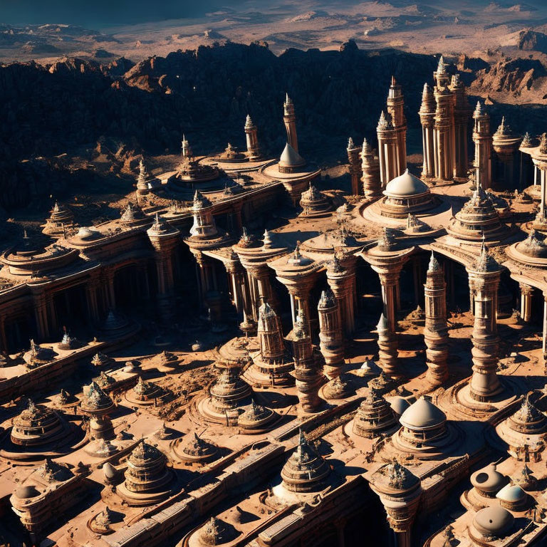 Fantastical cityscape with ornate desert buildings and golden light