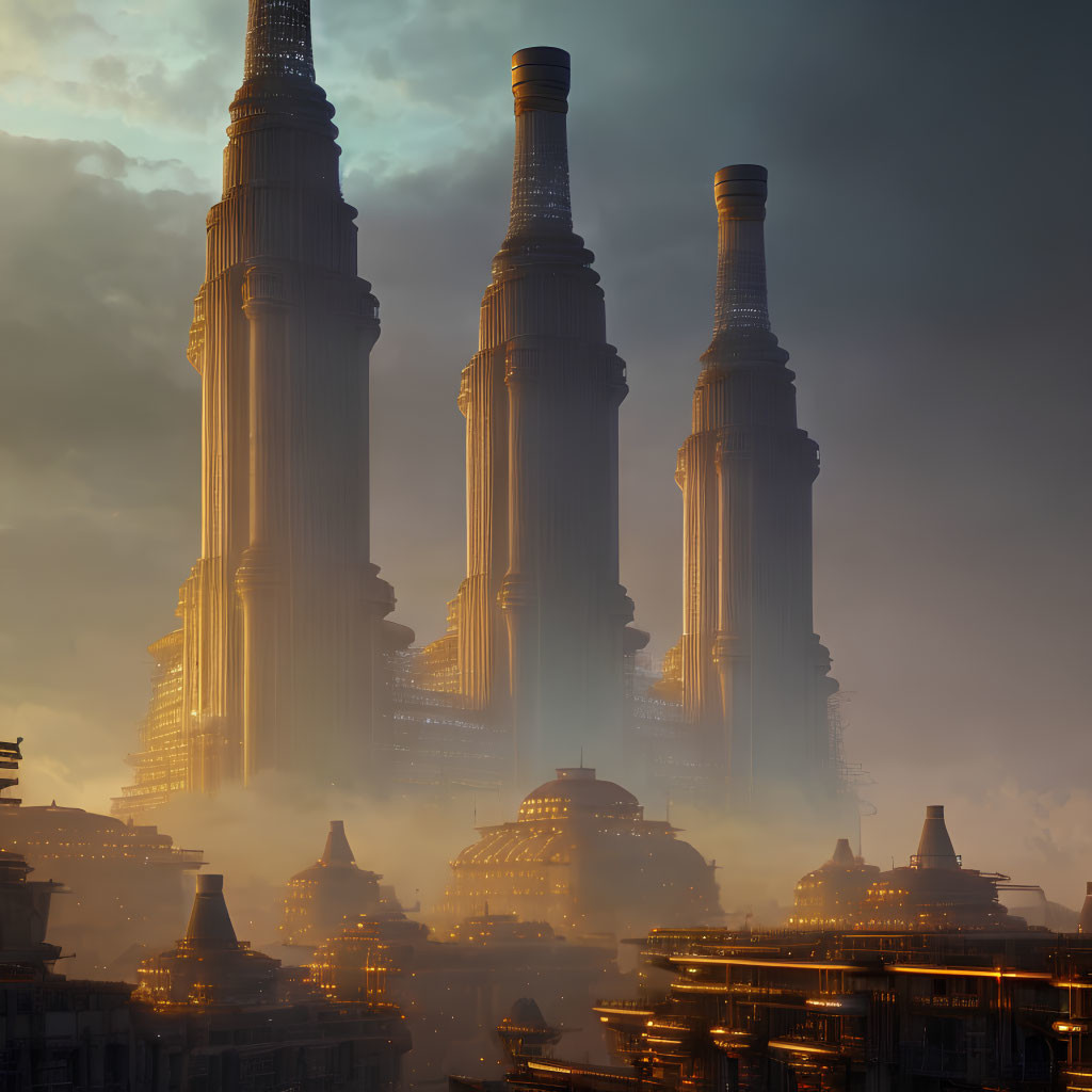 Towering futuristic skyscrapers in warm light against hazy sky
