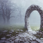 Mystical stone archway in misty forest with cracked path surrounded by foggy trees