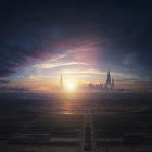 Futuristic cityscape with towering buildings at dusk