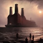 Industrial megastructure with towering chimneys in foggy dusk-lit scene with ships