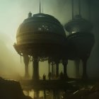 Majestic dome-topped sci-fi structures in misty terrain with golden glow and piercing light beams