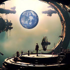 Sci-fi landscape with figure on platform and circular structures