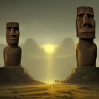Ancient moai statues against mountain backdrop at sunrise or sunset