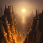 Fantastical cityscape with mist-covered spires and golden glow