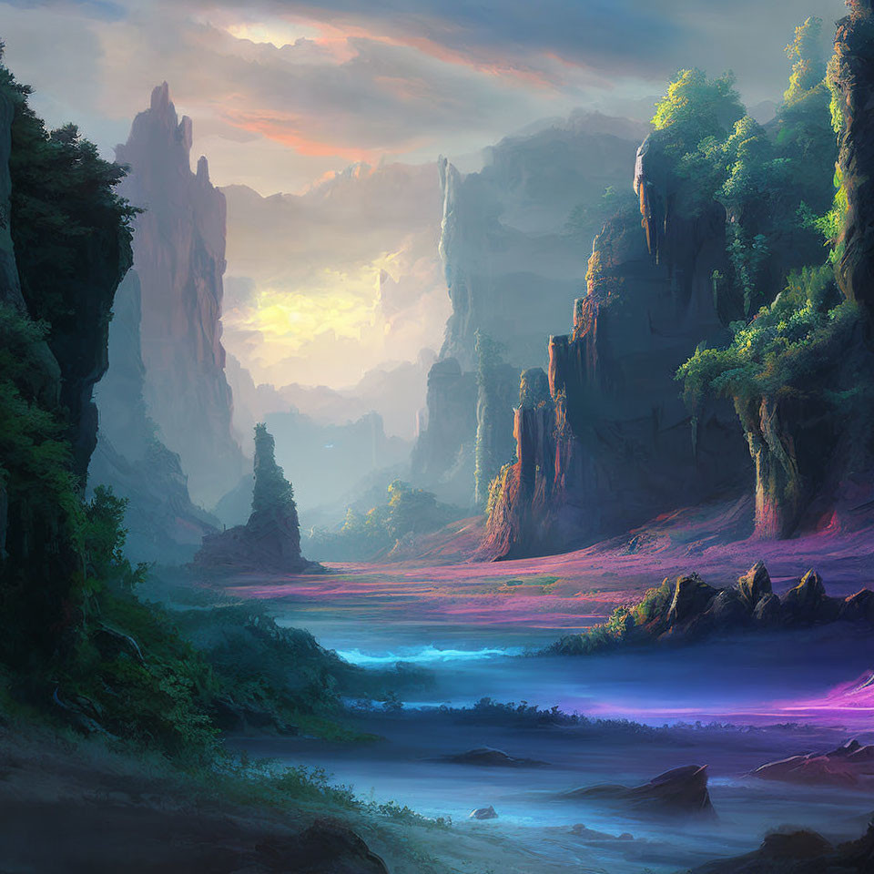 Mystical landscape with towering rock formations and serene river