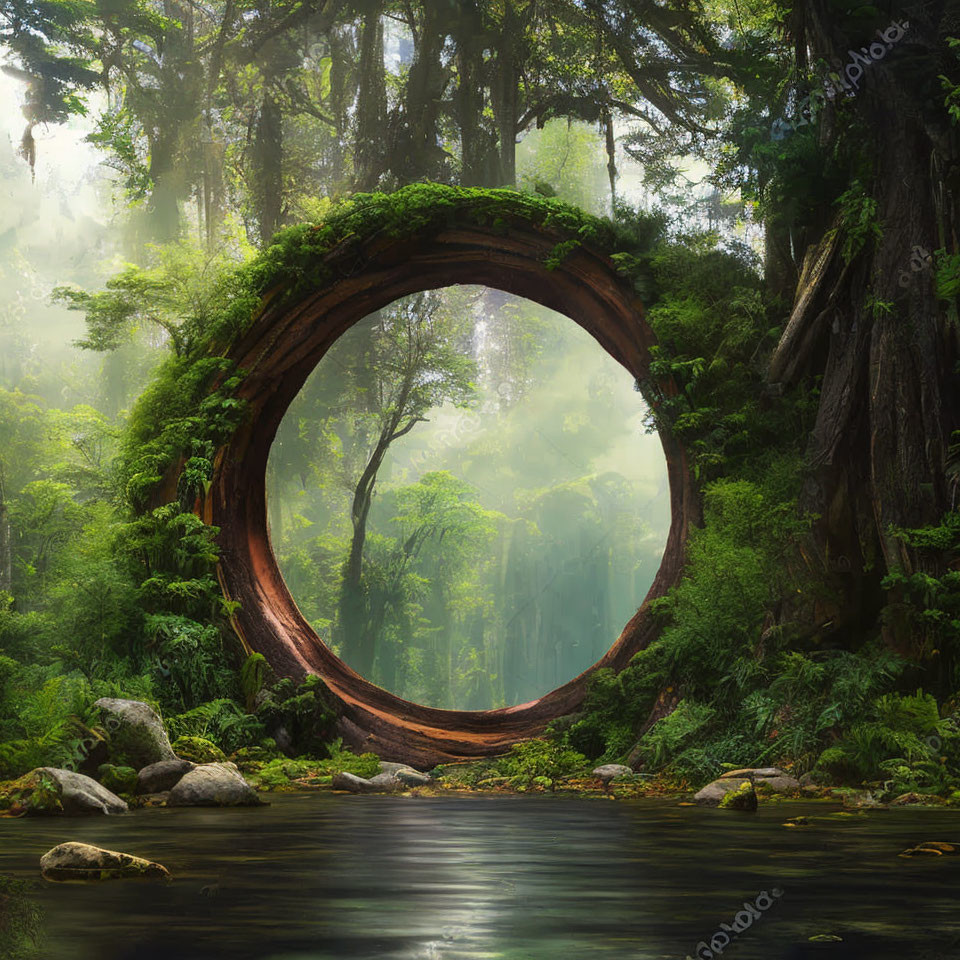 Circular Hollow Log Over Tranquil Forest Stream and Lush Greenery