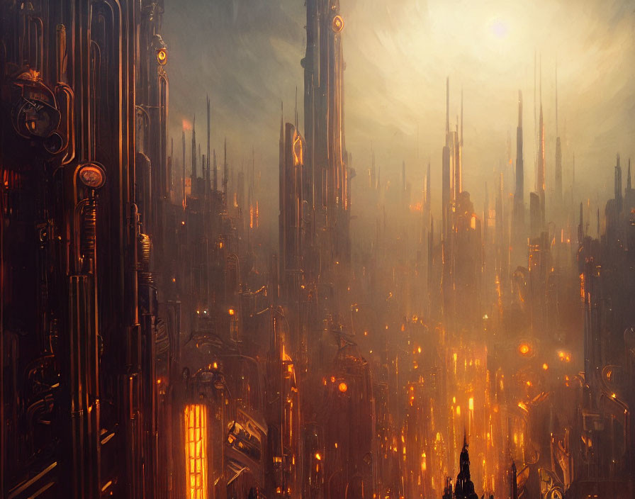Dark, Industrial Dystopian Cityscape Under Hazy Sky