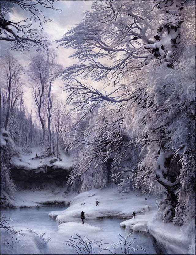 Winter Scene: People Ice Fishing on Frozen River amid Snowy Trees
