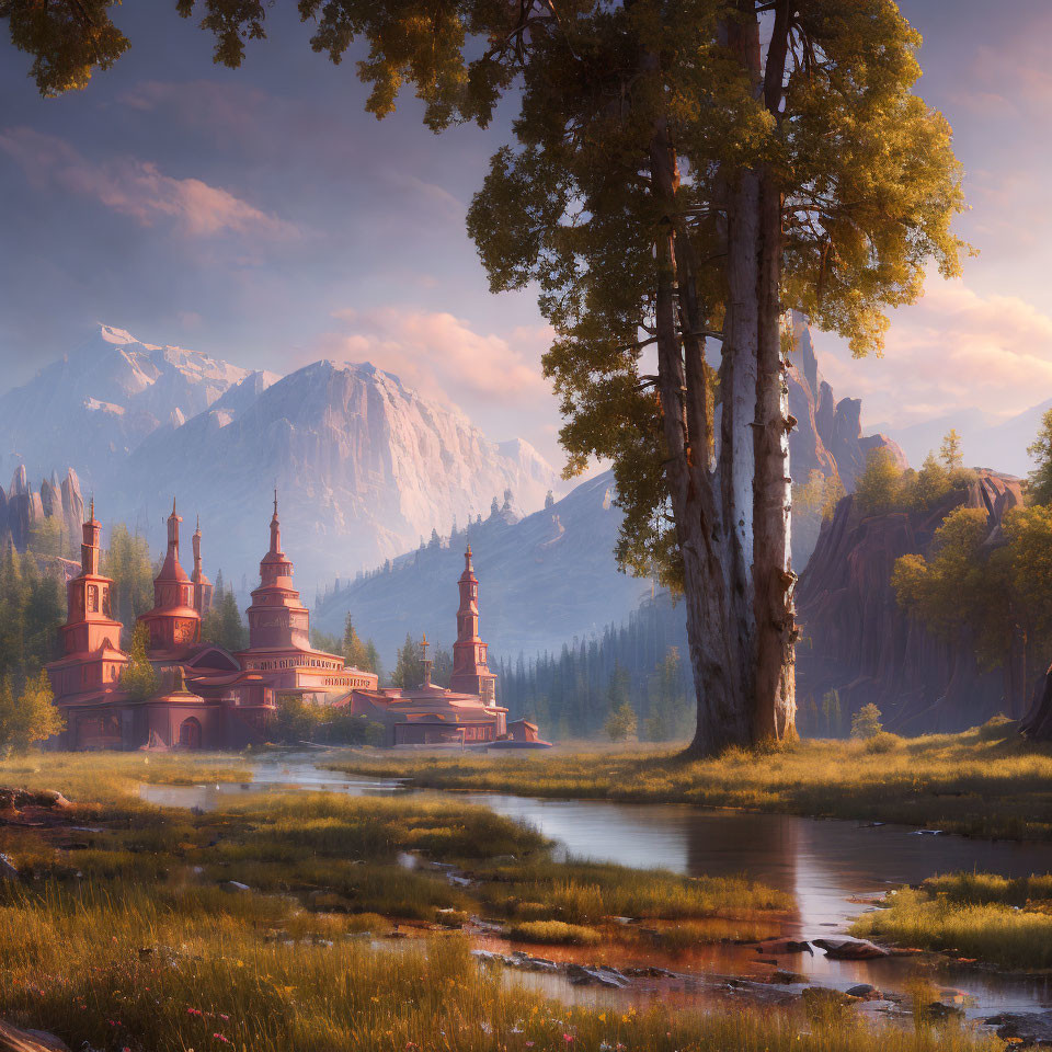 Tranquil river scene with grand castle, lush forest, sunset, and mountains