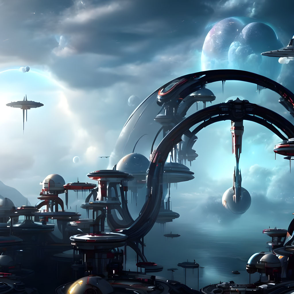 Advanced architecture in futuristic cityscape with flying vehicles, domes, moons, and clouds.