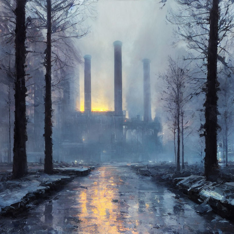 Snow-covered trees and industrial smokestacks in wintery scene
