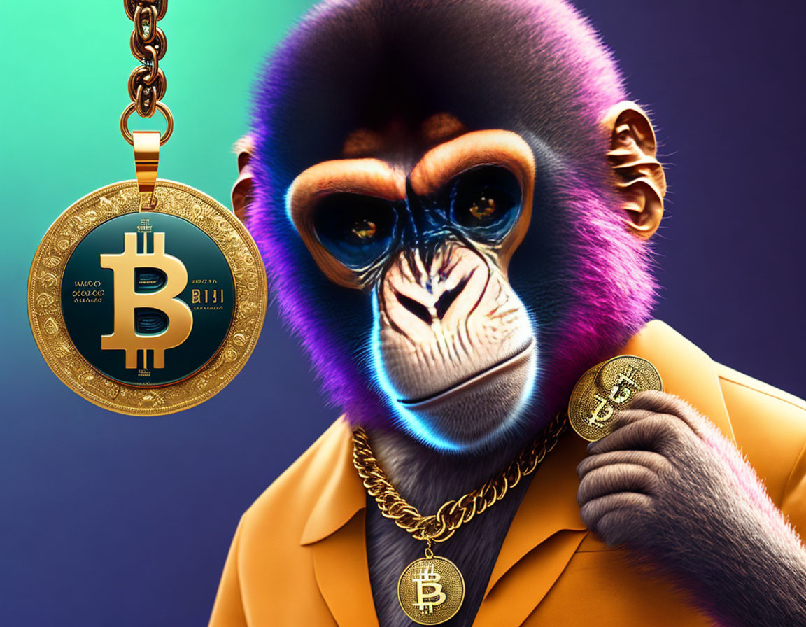Monkey in Yellow Suit Holding Bitcoin Coin on Gradient Background