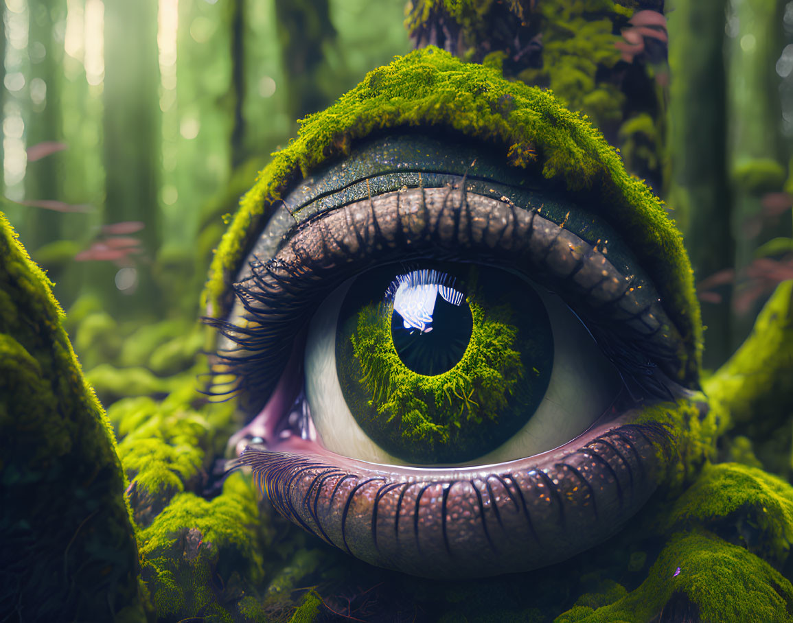 Detailed surreal image: large eye reflecting forest in pupil, surrounded by mossy landscape