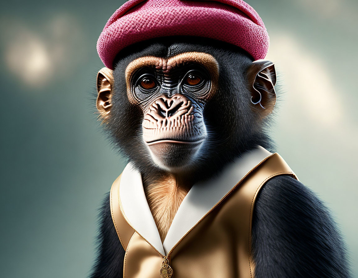 Digital artwork: Chimpanzee in beige jacket and pink beret