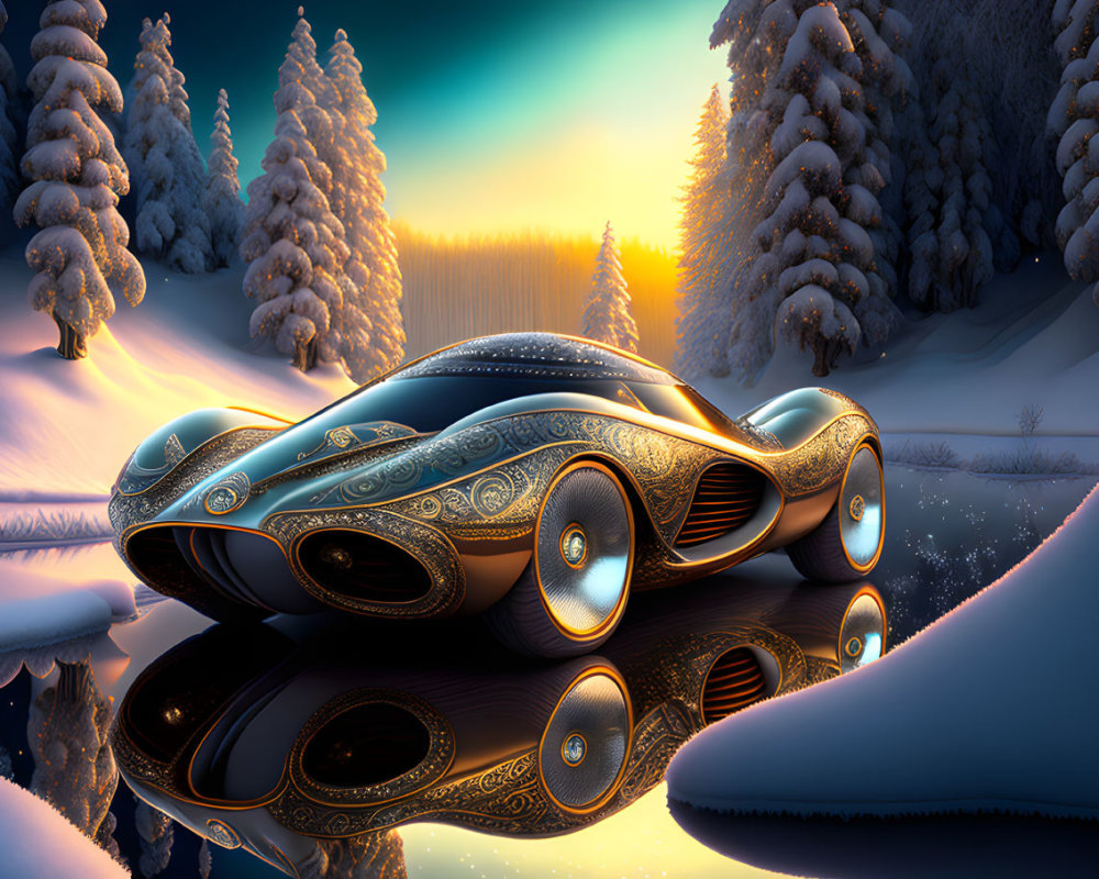 Futuristic car with ornate patterns in snowy sunset scene