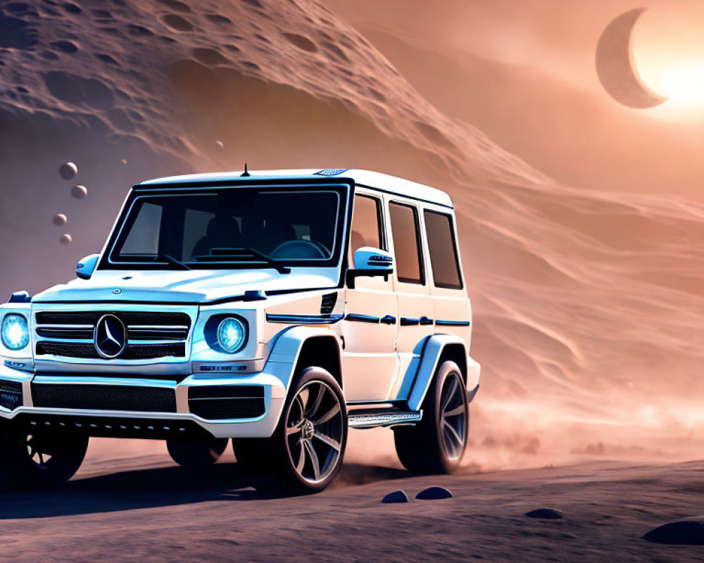 Luxury SUV driving on desert terrain under large moon