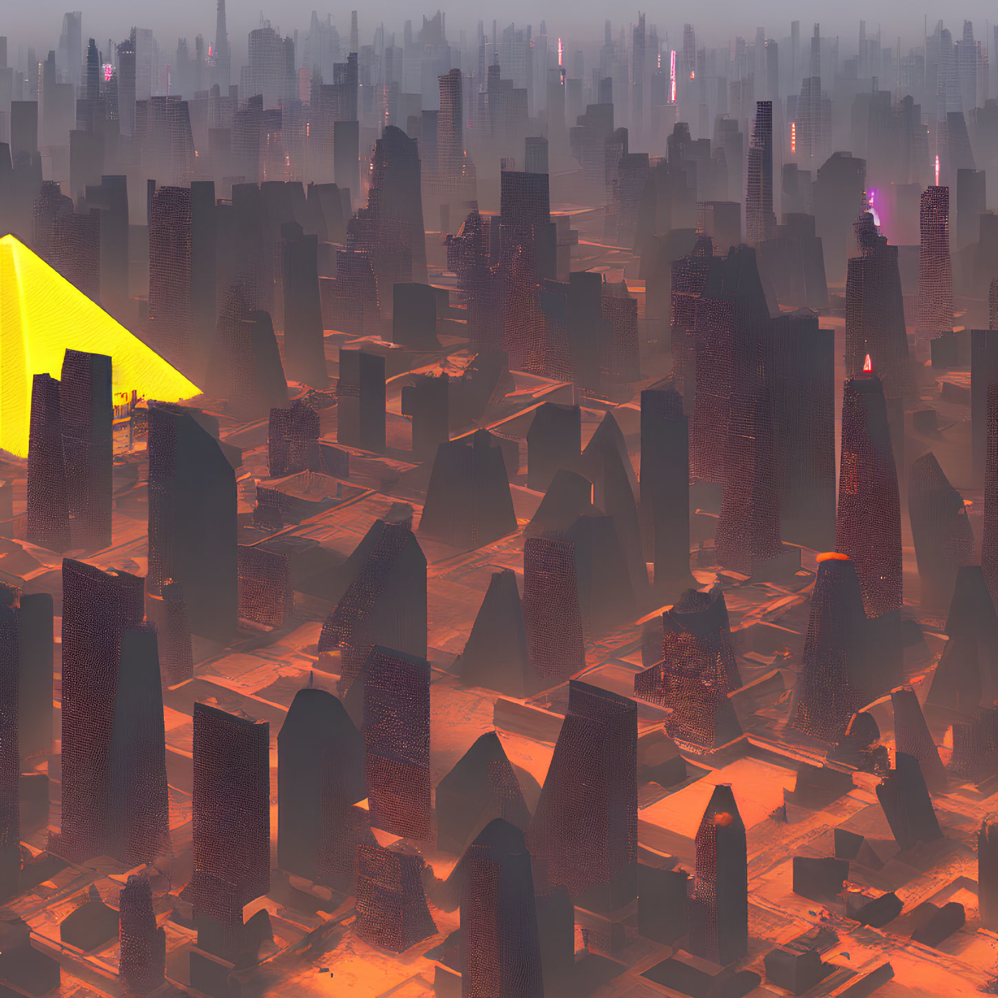 Dystopian cityscape at sunset with dense skyscrapers and neon signs