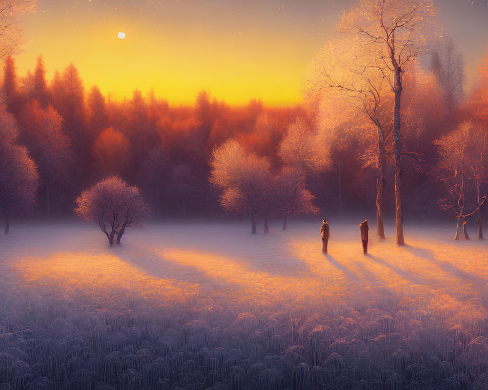 Mystical dusk landscape with tall trees, orange sky, figures, and crescent moon