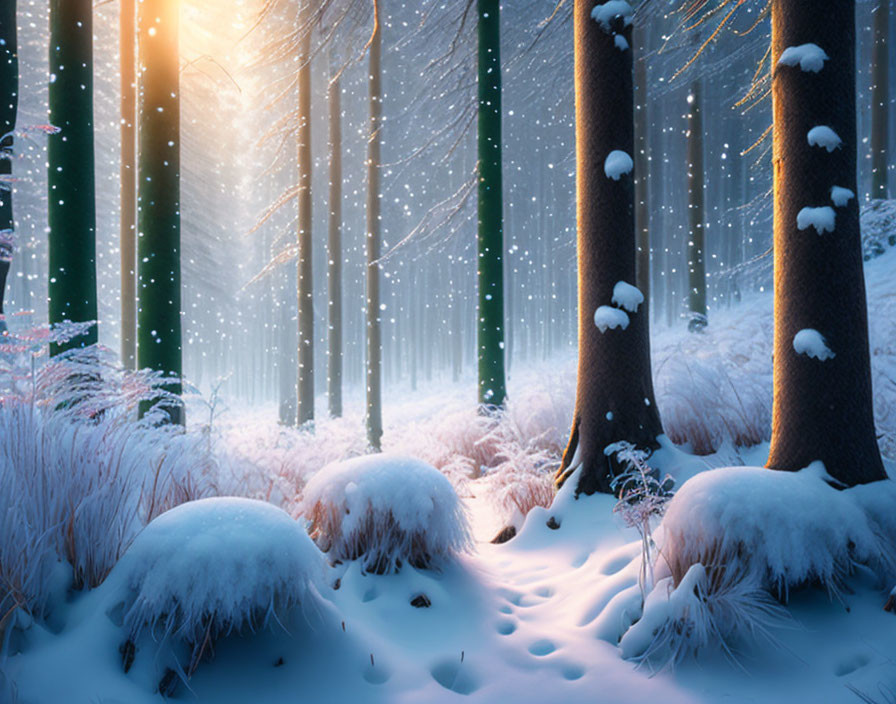 Snow-covered Winter Forest with Sunbeams and Mist