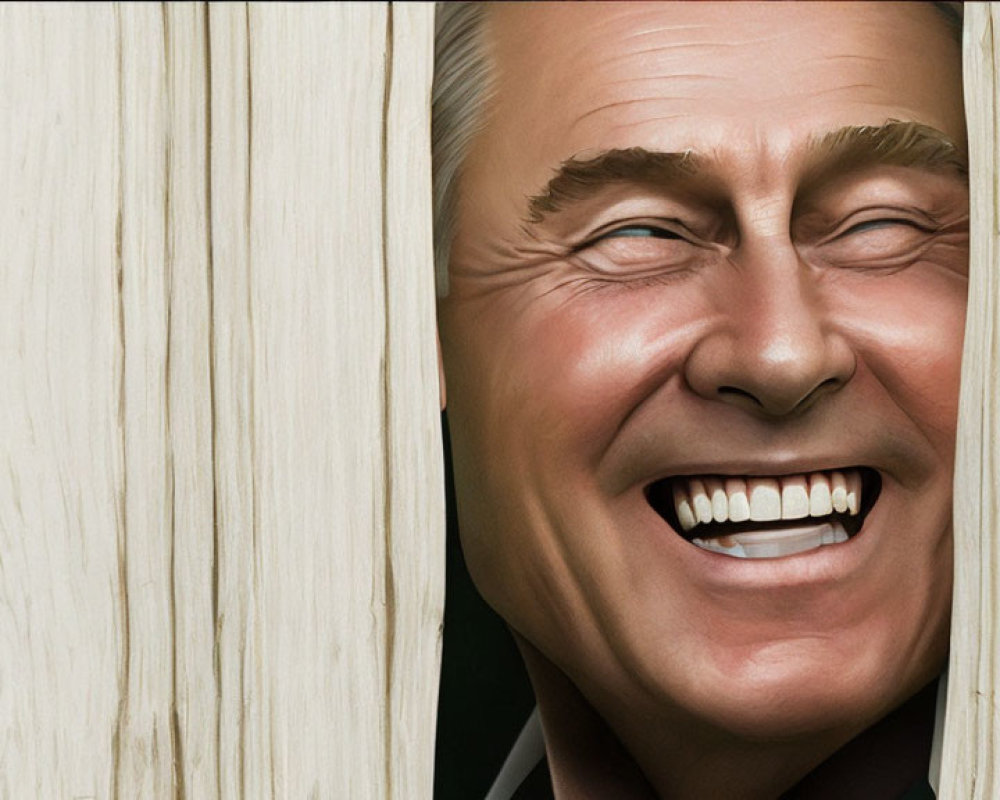 Digital artwork: Smiling man peeking through split wooden planks